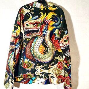 Dragon Cotton Denim Unisex Size XL Jacket Jean Black Hawaiian Shacket Floral